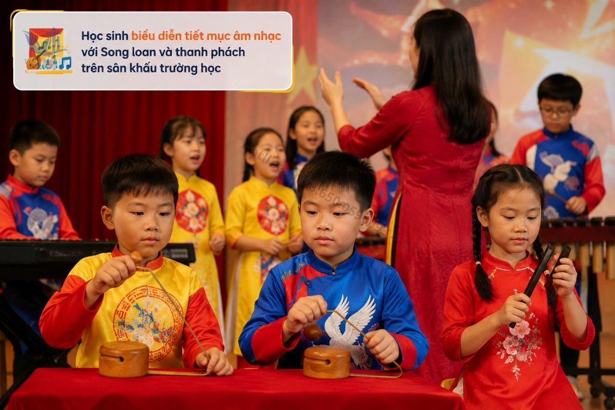 Học sinh biểu diễn tiết mục âm nhạc với Song loan và thanh phách trên sân khấu trường học