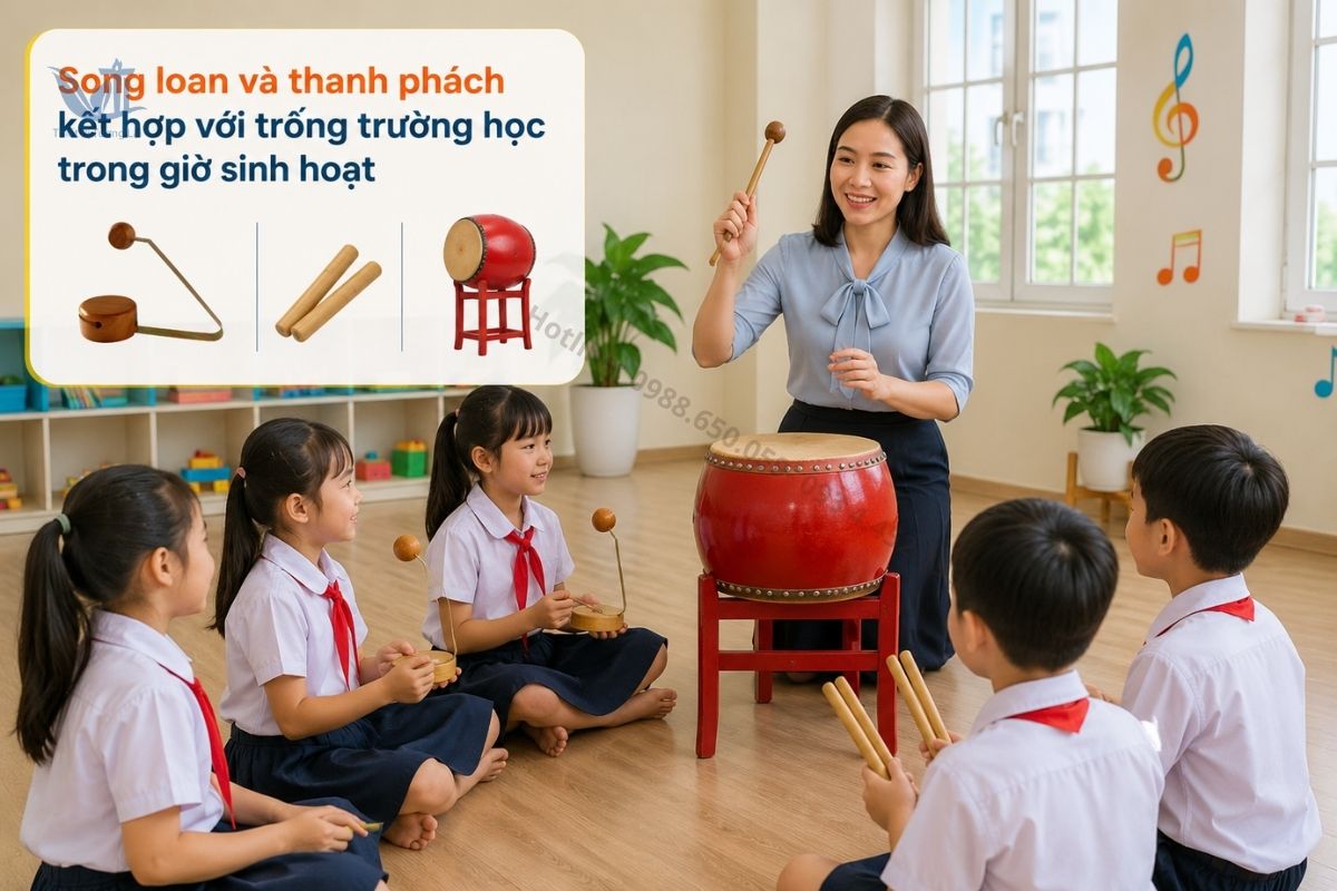 Song loan và thanh phách kết hợp với trống trường học trong giờ sinh hoạt