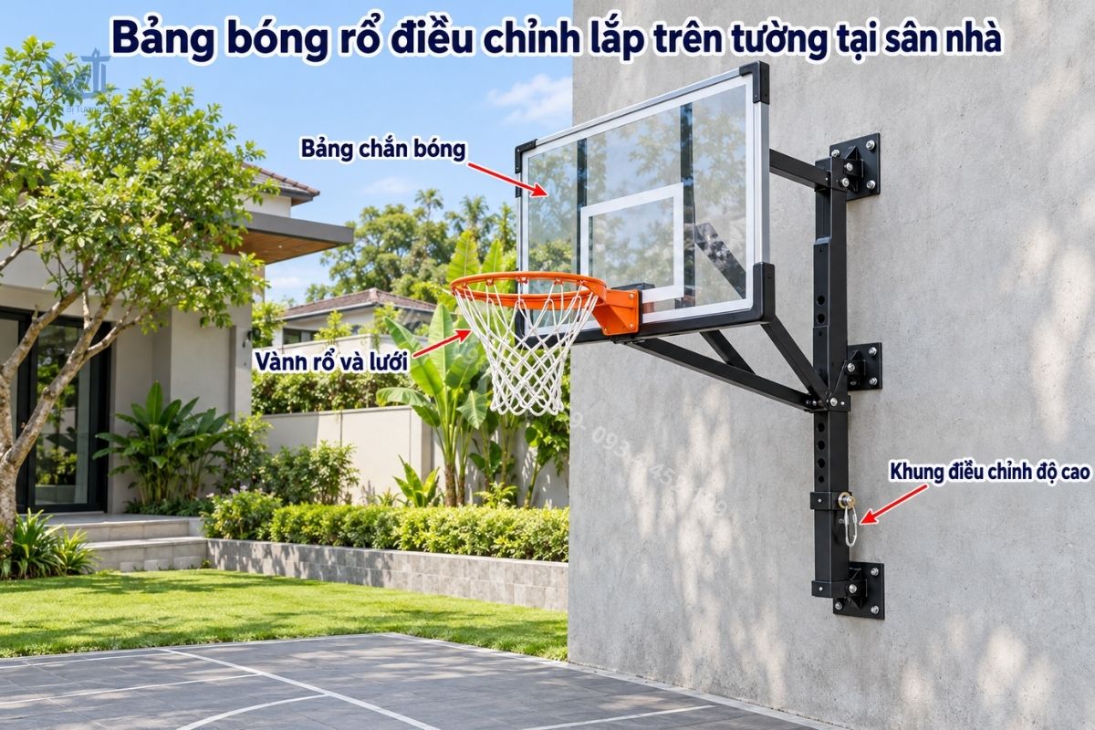 Bảng bóng rổ điều chỉnh lắp trên tường tại sân nhà