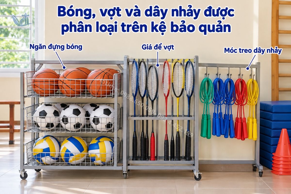 Bóng, vợt và dây nhảy được phân loại trên kệ bảo quản
