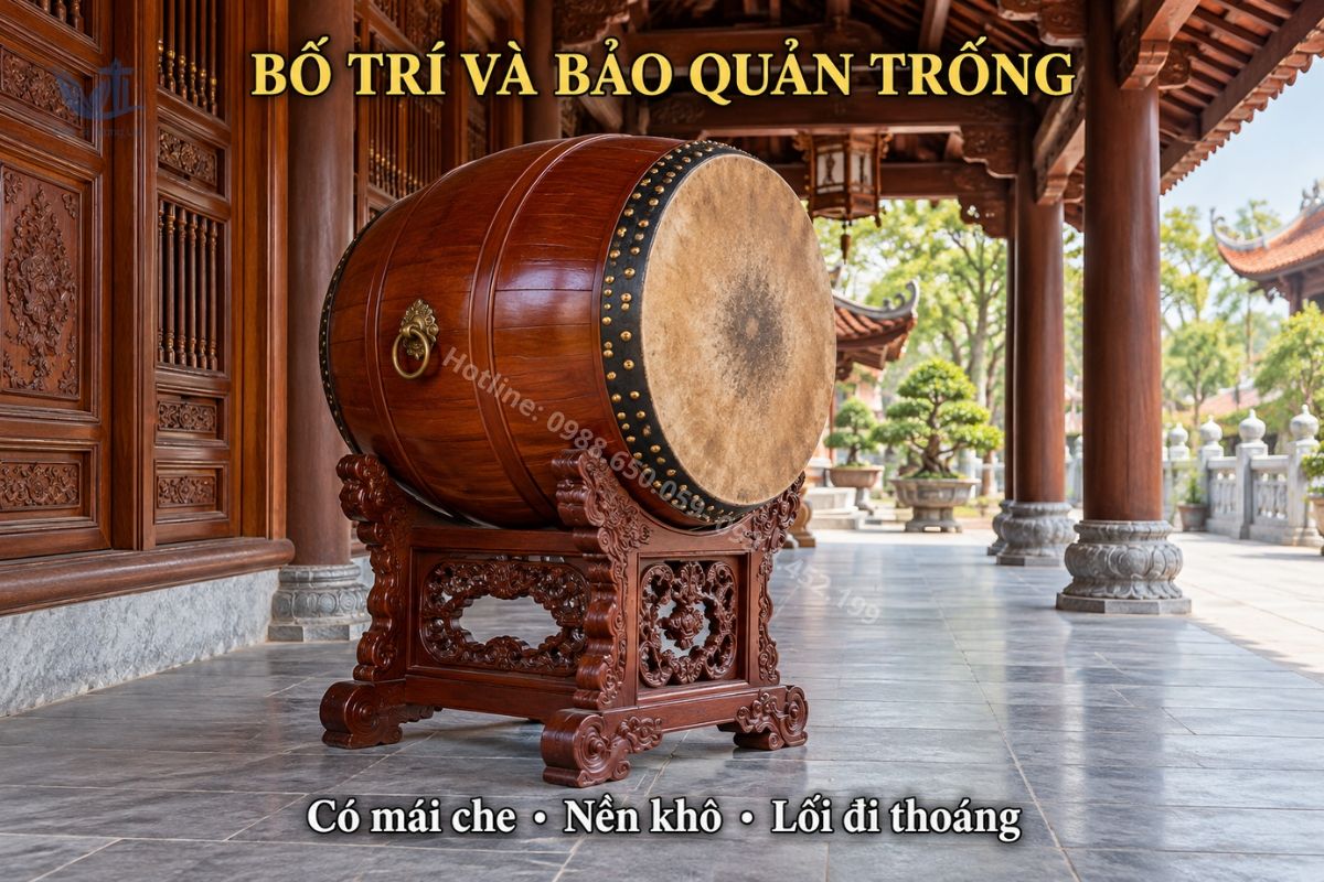 Trống đình chùa được bố trí tại nơi khô thoáng có mái che