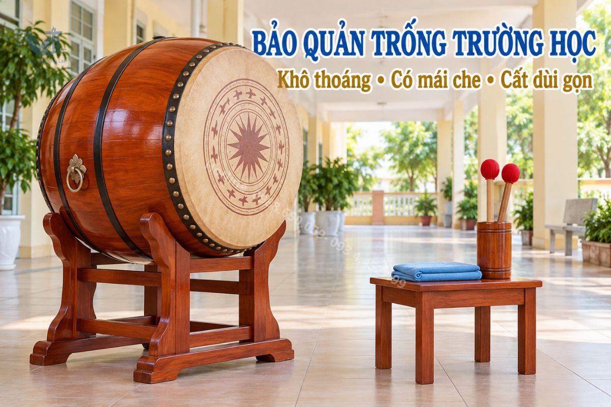 Bảo quản trống trường học 60cm tại nơi khô thoáng có mái che.