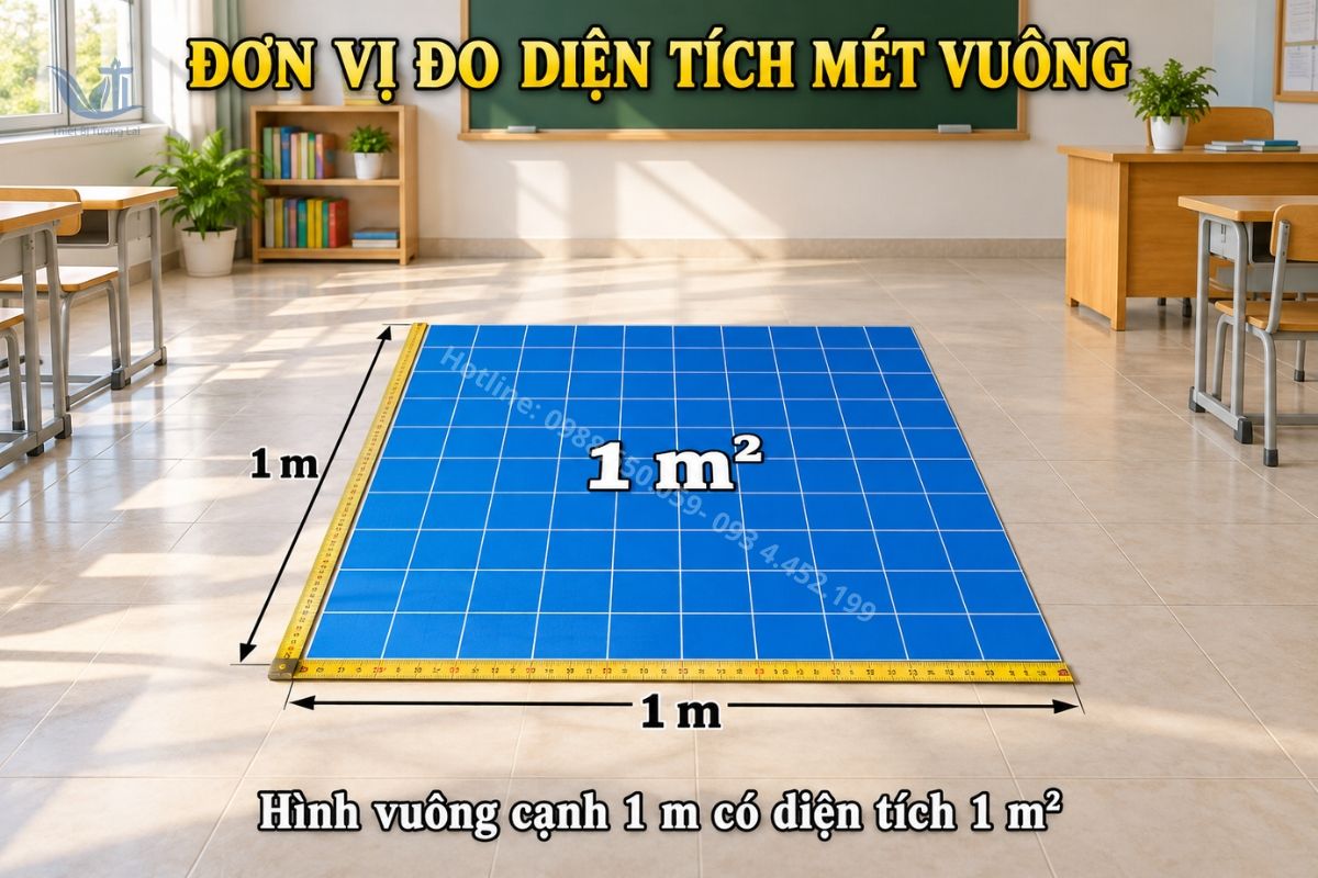 Thiết bị minh họa đơn vị đo diện tích mét vuông trong lớp học.