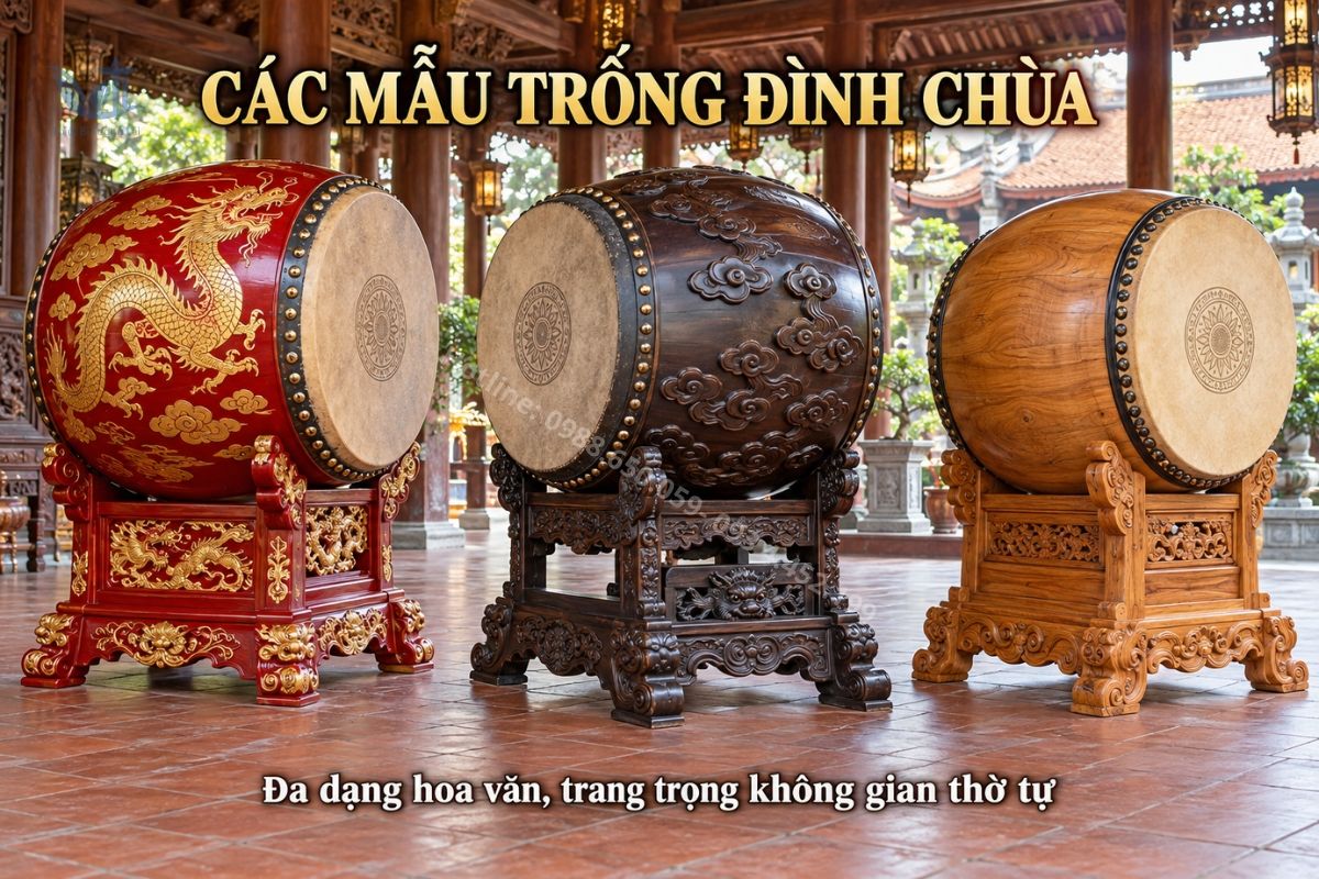 Bộ sưu tập 5 mẫu trống đình chùa với kiểu dáng và hoa văn khác nhau