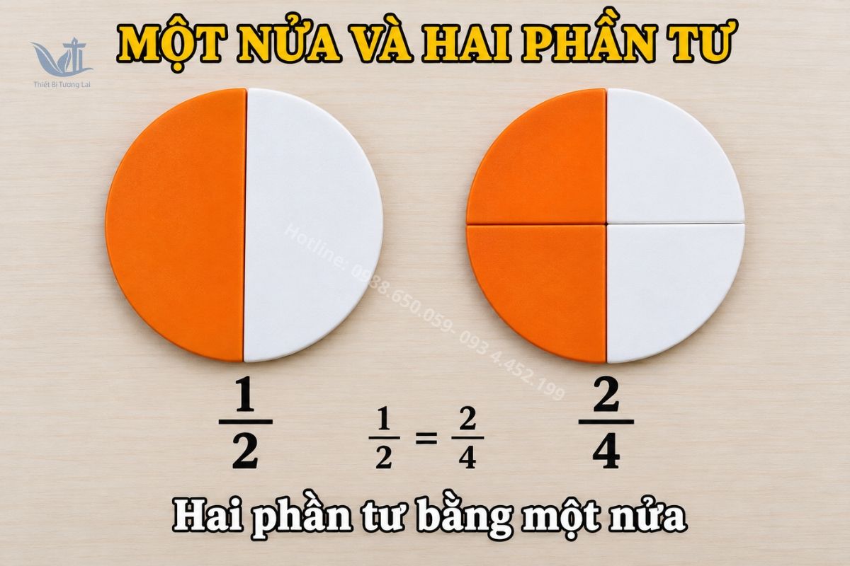 Học cụ phân số minh họa một nửa bằng hai phần tư.