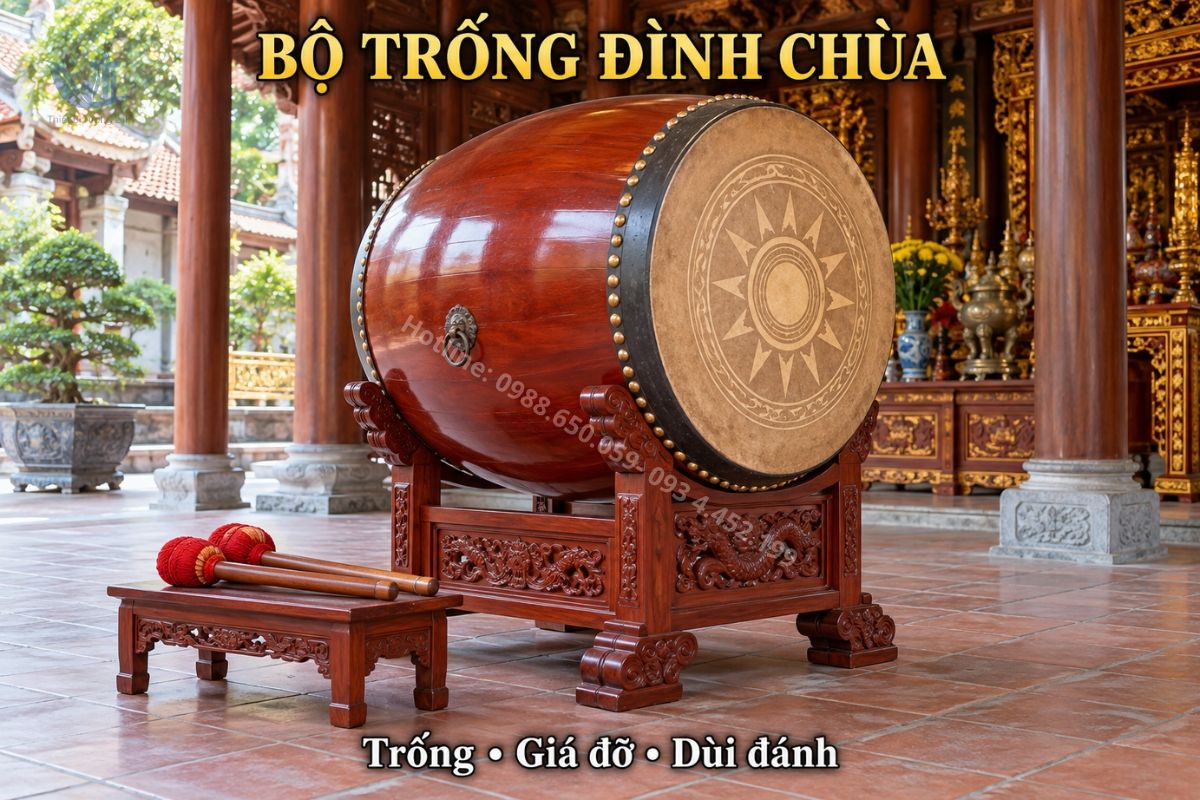Bộ trống đình chùa gồm trống giá đỡ và dùi gõ