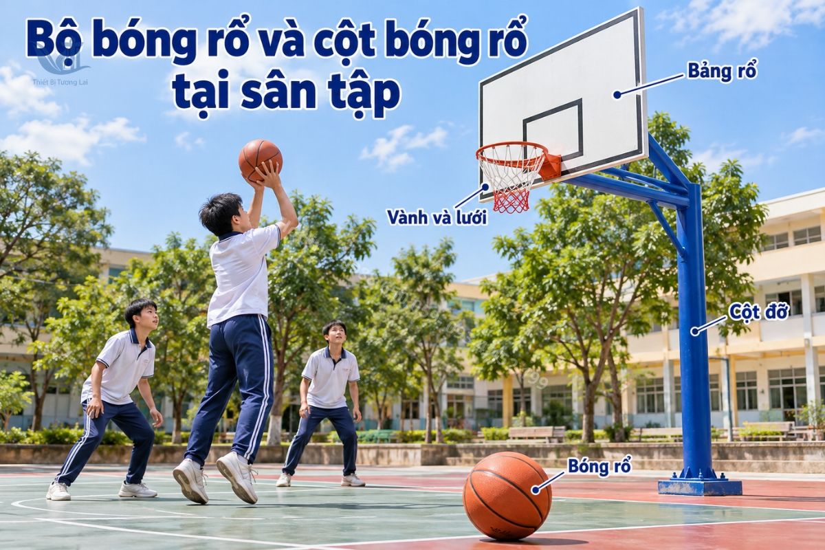 Bộ bóng rổ và cột bóng rổ tại sân tập