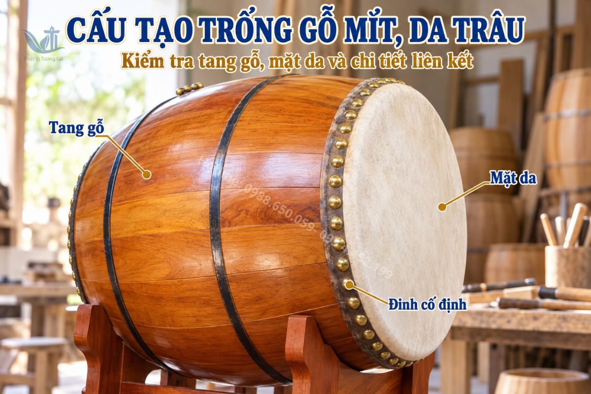 Cấu tạo tang gỗ mít và mặt da trâu của trống trường học.