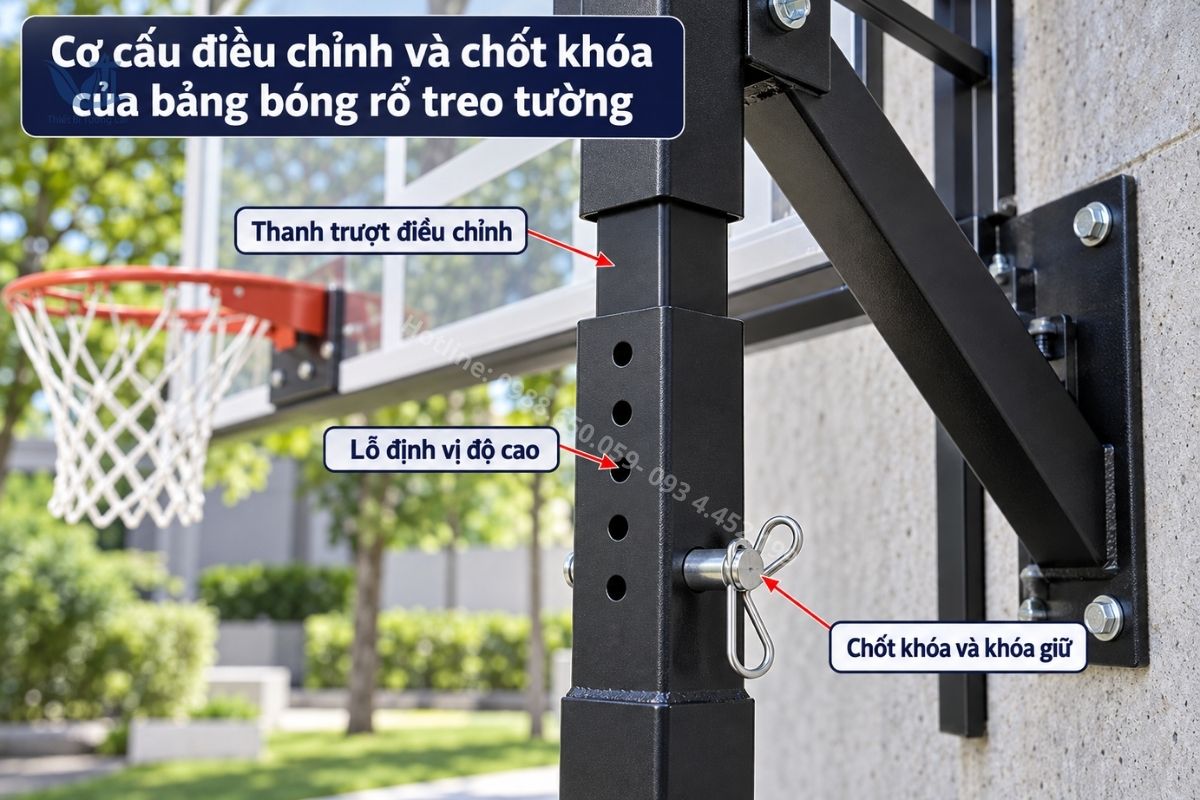 Cơ cấu điều chỉnh và chốt khóa của bảng bóng rổ treo tường