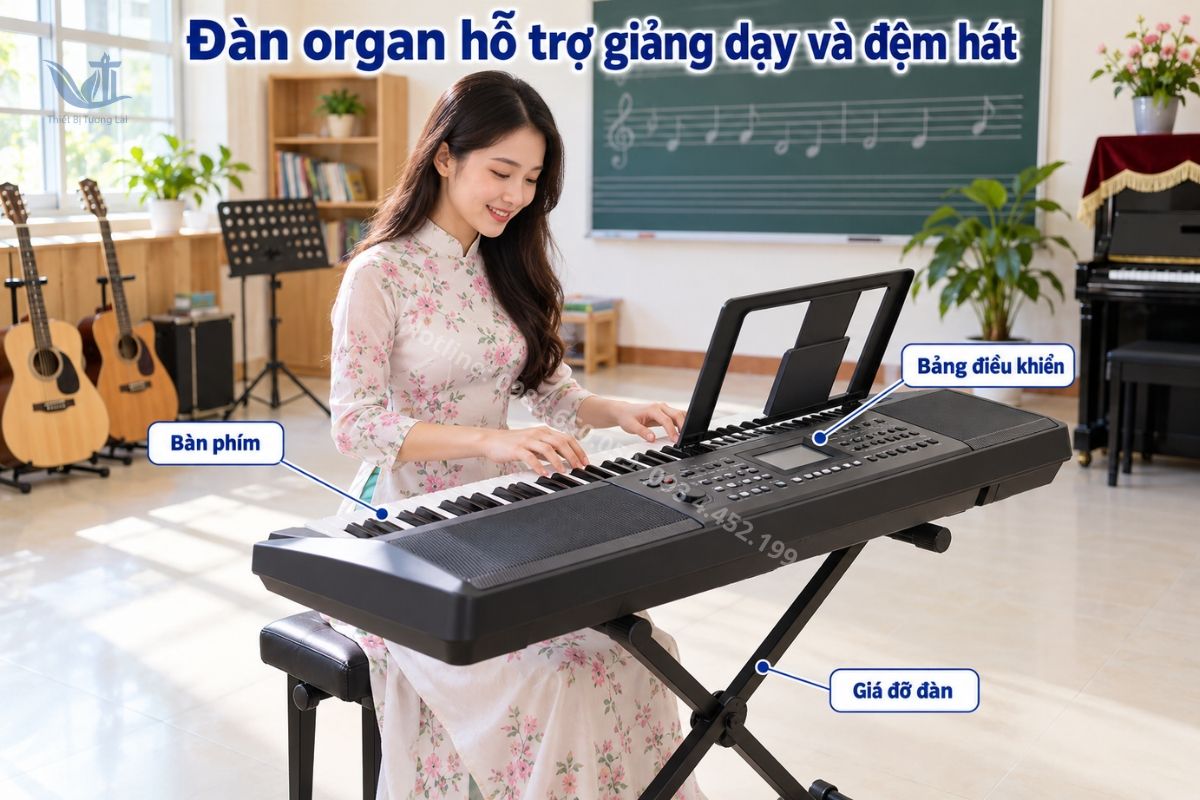 Giáo viên thực hành trên đàn organ trong phòng học, nhìn rõ bàn phím.