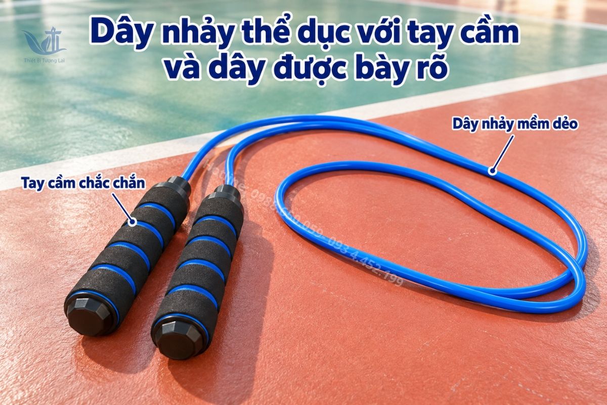 Dây nhảy thể dục với tay cầm và dây được bày rõ