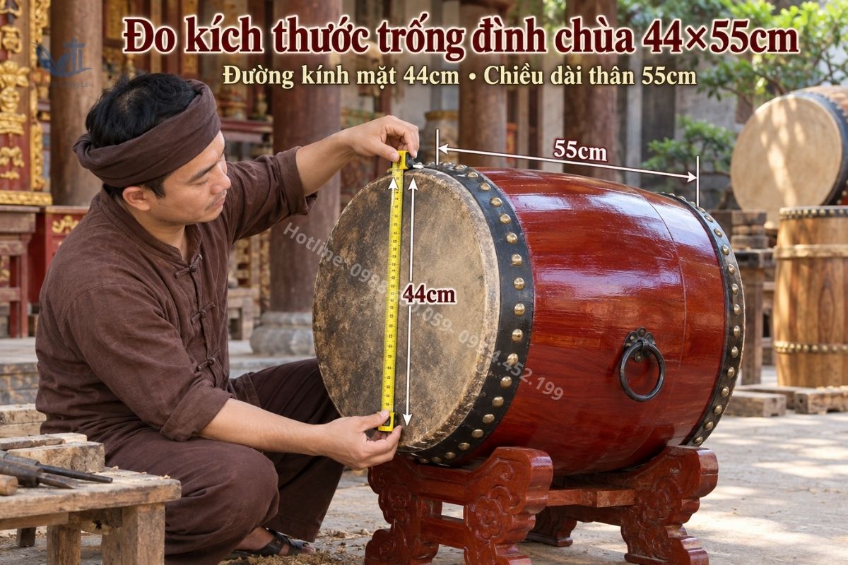 Đo đường kính mặt trống 44cm và chiều dài thân 55cm