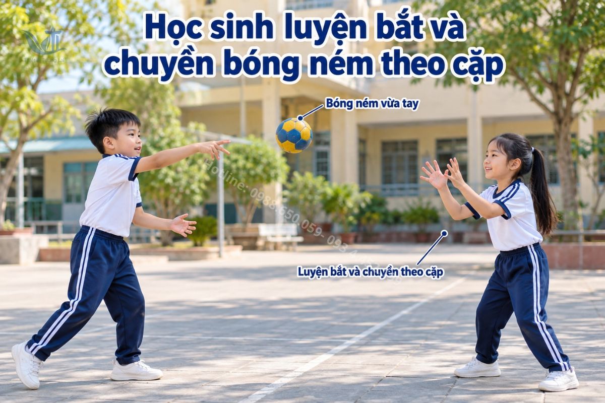 Học sinh luyện bắt và chuyền bóng ném theo cặp