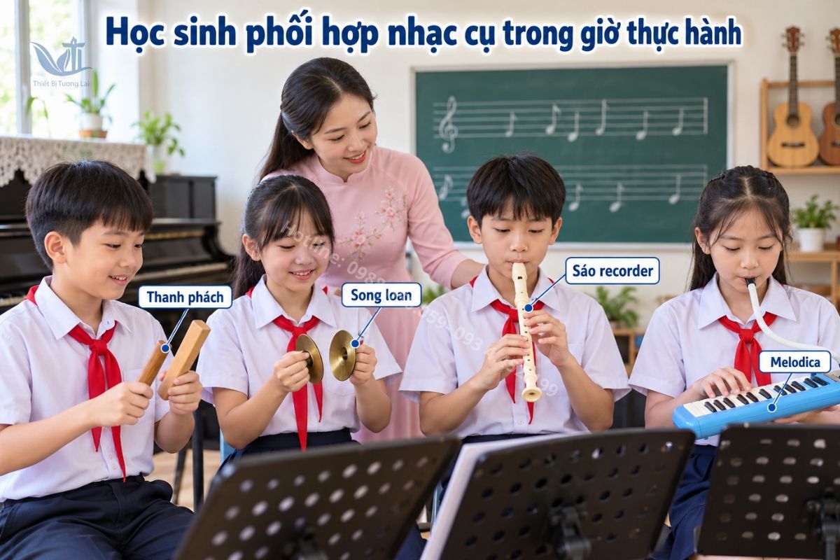 Nhóm học sinh luyện hát và gõ đệm bằng thanh phách, song loan dưới sự hướng dẫn của giáo viên.