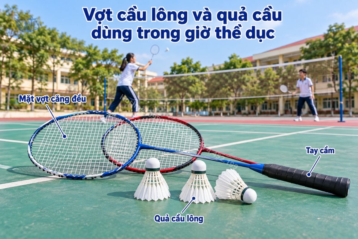 Vợt cầu lông và quả cầu dùng trong giờ thể dục
