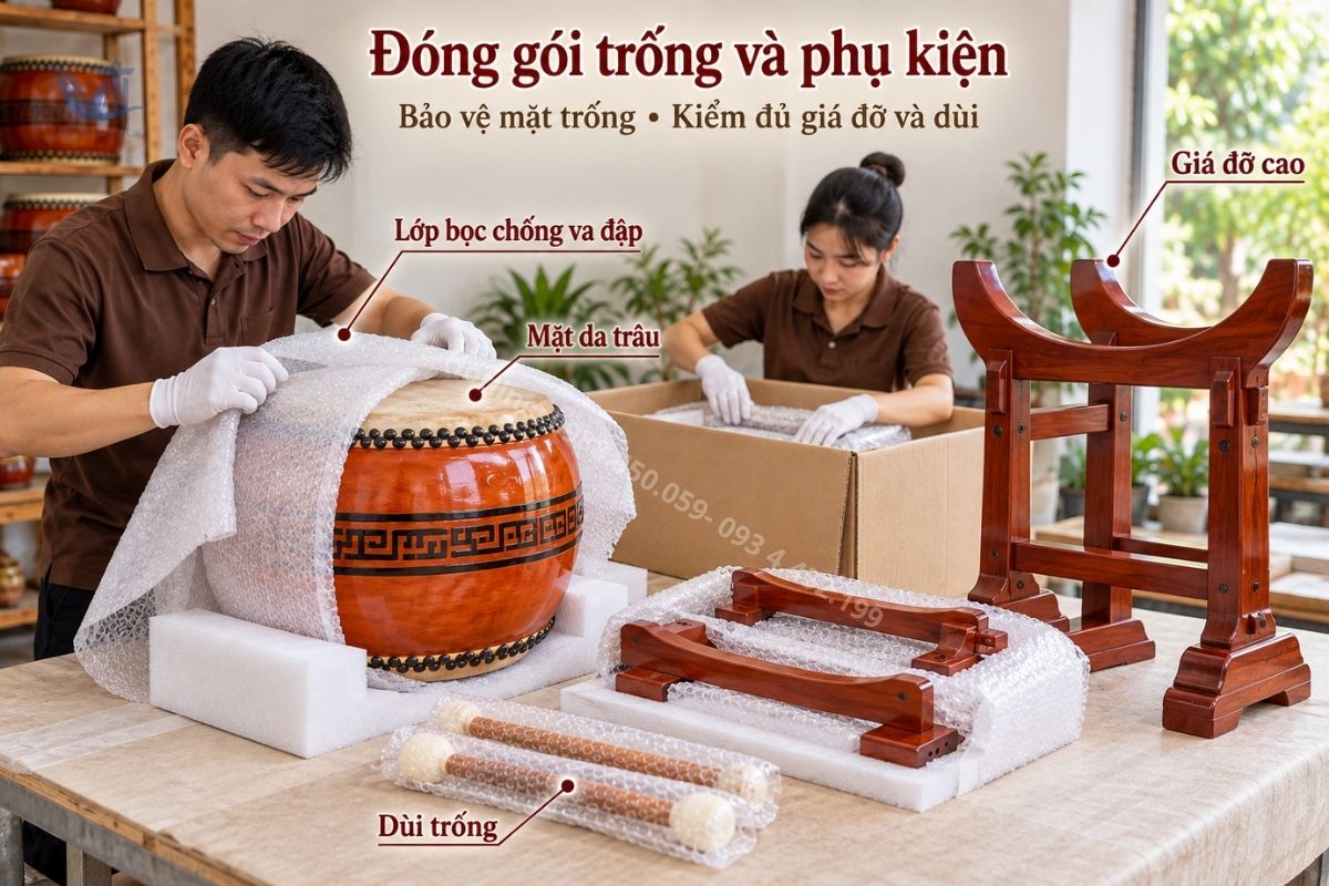 khach-hang-thu-tieng-trong-dinh-chua-truoc-nhan-hang Khách hàng dùng dùi kiểm tra âm thanh trống đình chùa