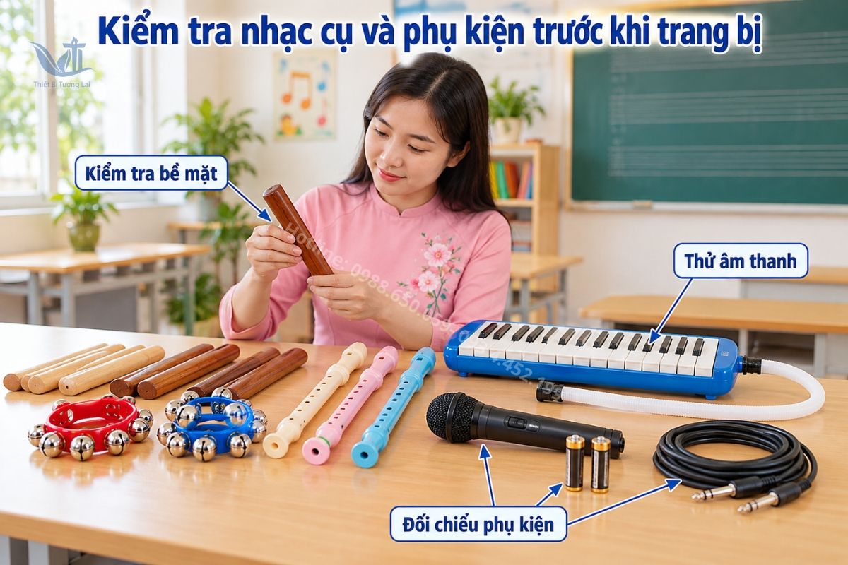 Các nhạc cụ được bày trên bàn để đối chiếu số lượng, tình trạng và phụ kiện.