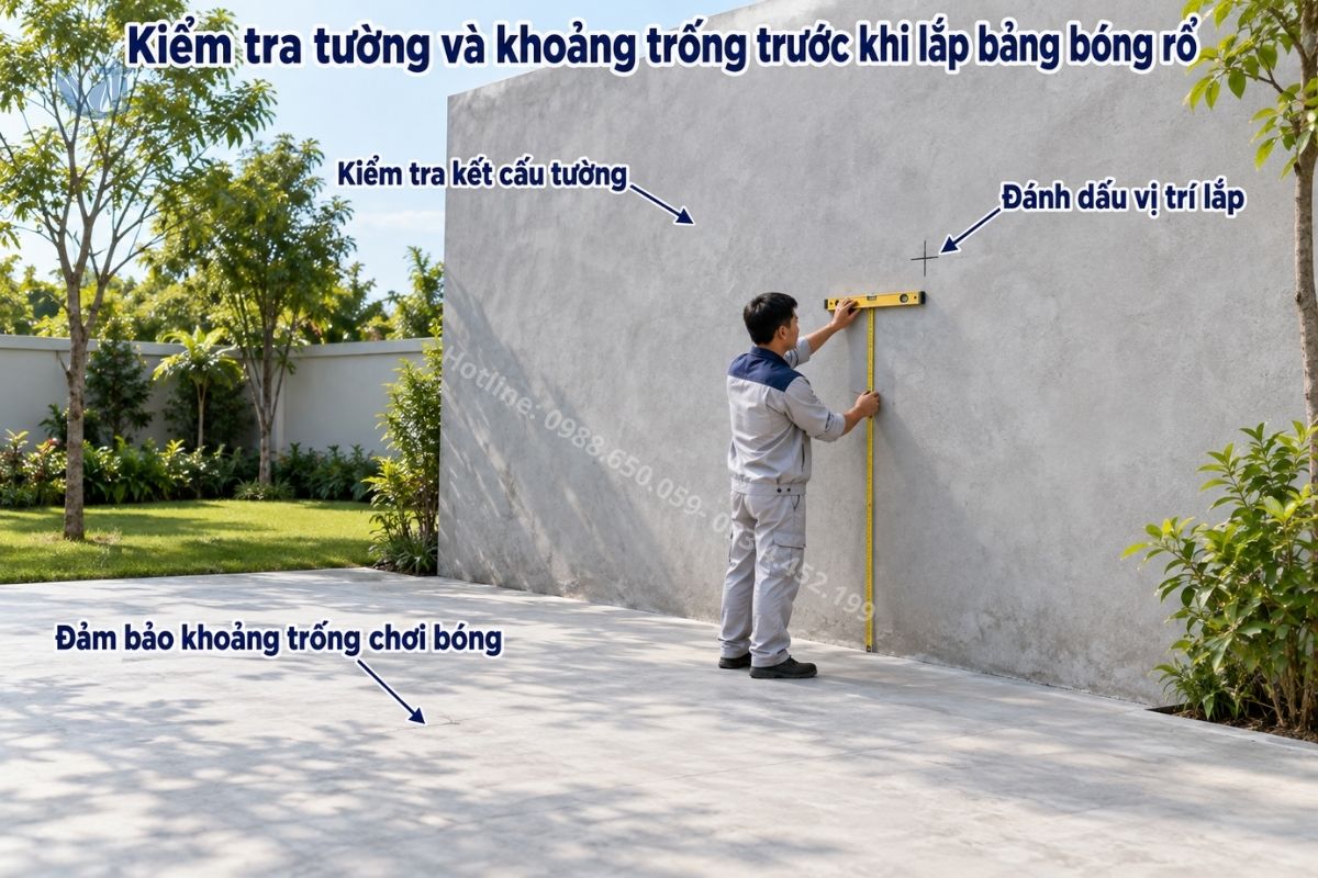 Kiểm tra tường và khoảng trống trước khi lắp bảng bóng rổ