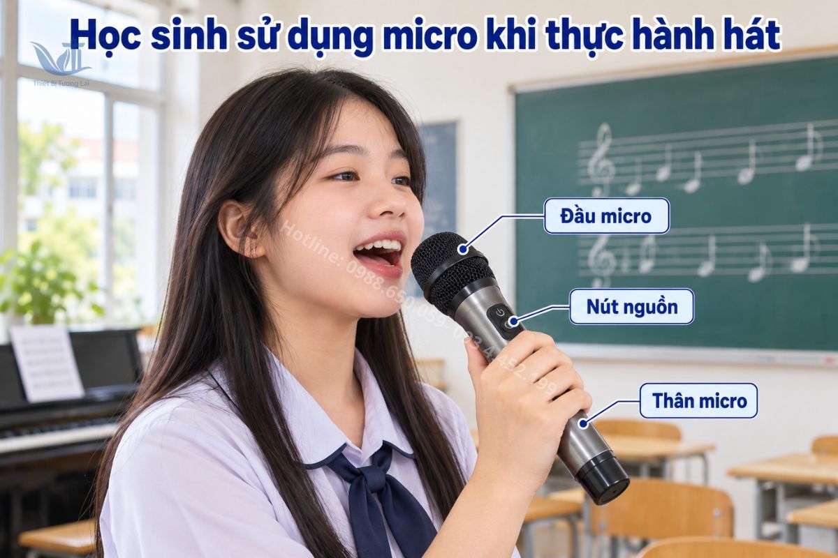 Học sinh cầm micro thực hành hát trước lớp, loa được bố trí phù hợp.