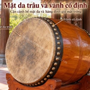 Cận cảnh mặt da trâu và vành cố định trên trống