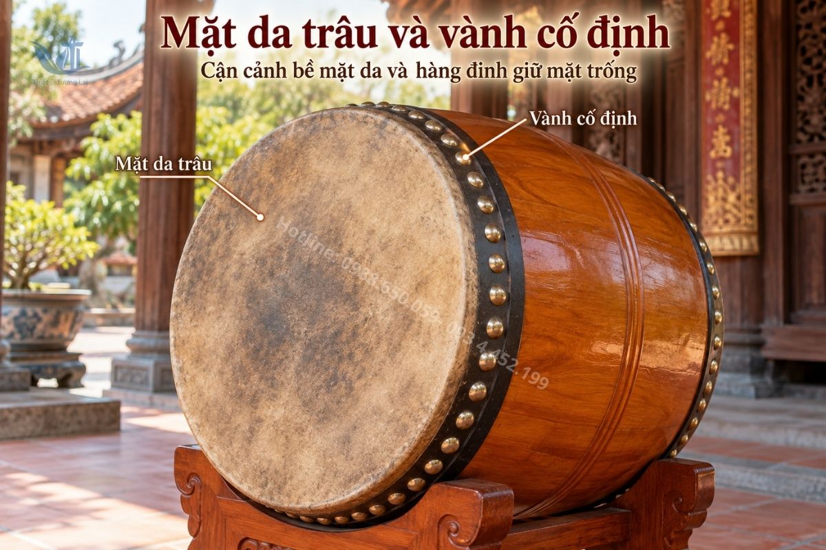 Cận cảnh mặt da trâu và vành cố định trên trống
