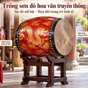 Mẫu trống đình chùa sơn đỏ trang trí hoa văn truyền thống