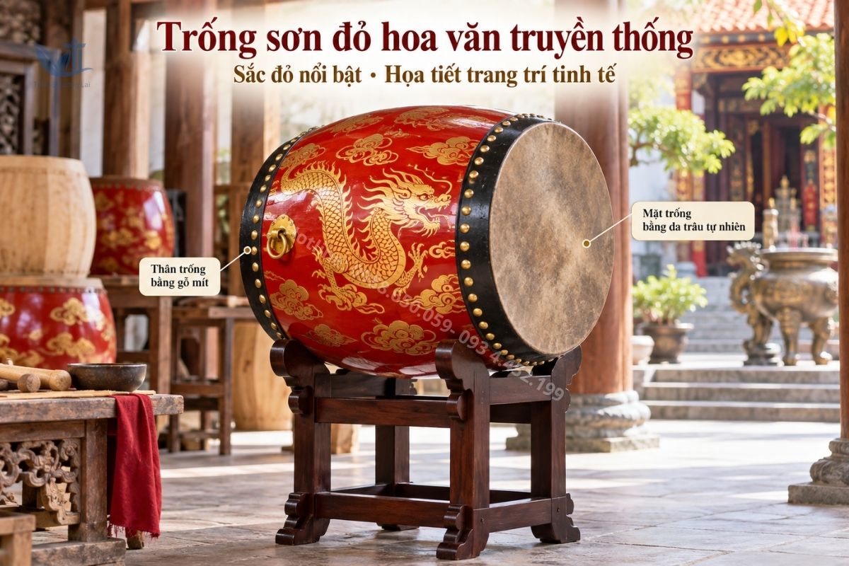 Mẫu trống đình chùa sơn đỏ trang trí hoa văn truyền thống