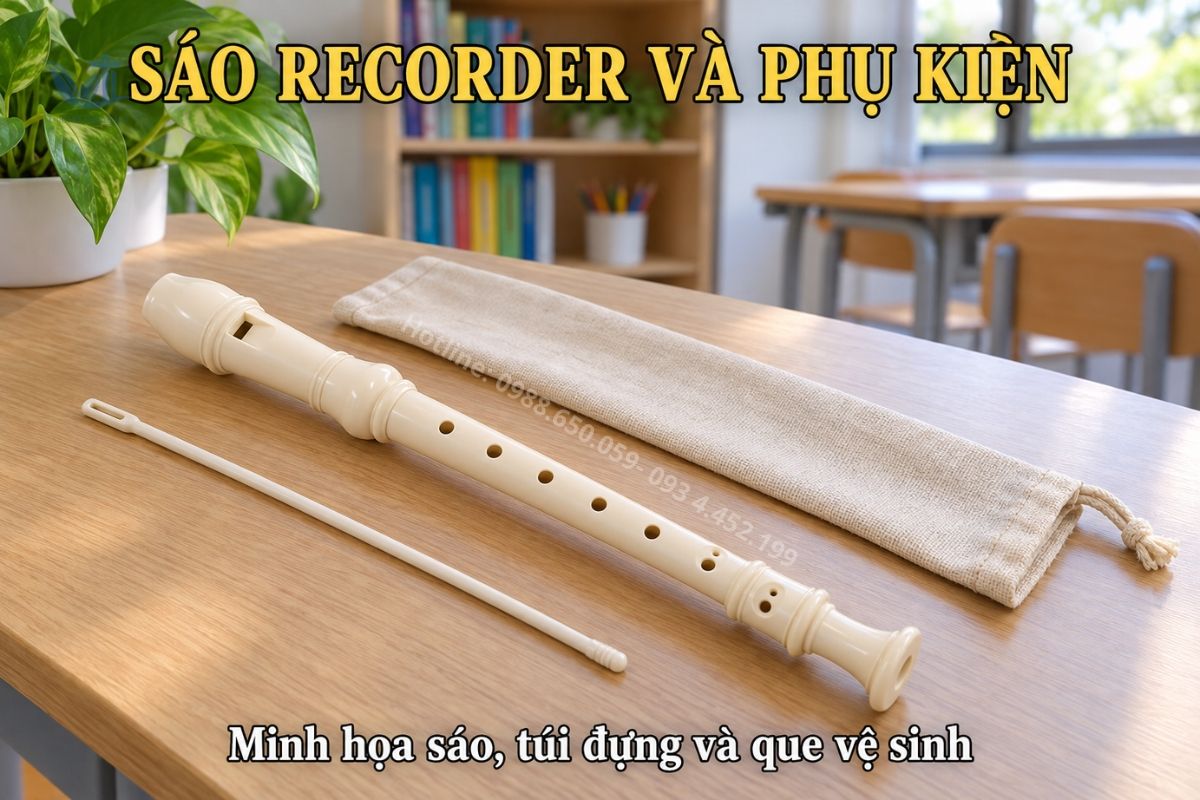 Sáo recorder và phụ kiện phục vụ học âm nhạc tiểu học.