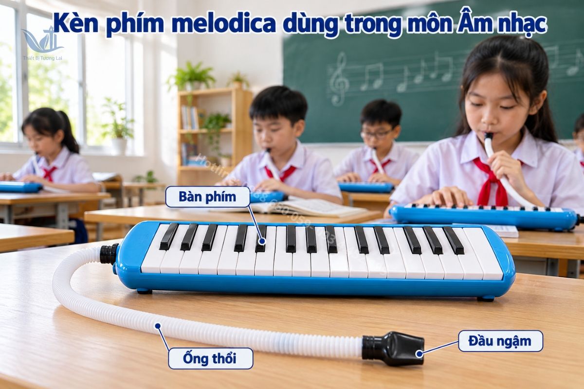 Kèn phím mở hộp, nhìn rõ bàn phím, ống thổi và đầu ngậm đi kèm.