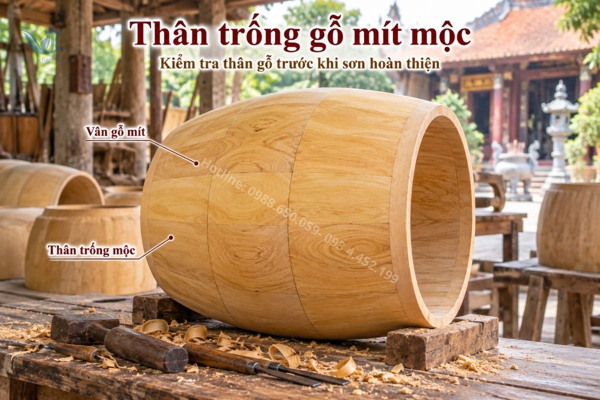 Thân trống gỗ mít mộc trước khi sơn hoàn thiện