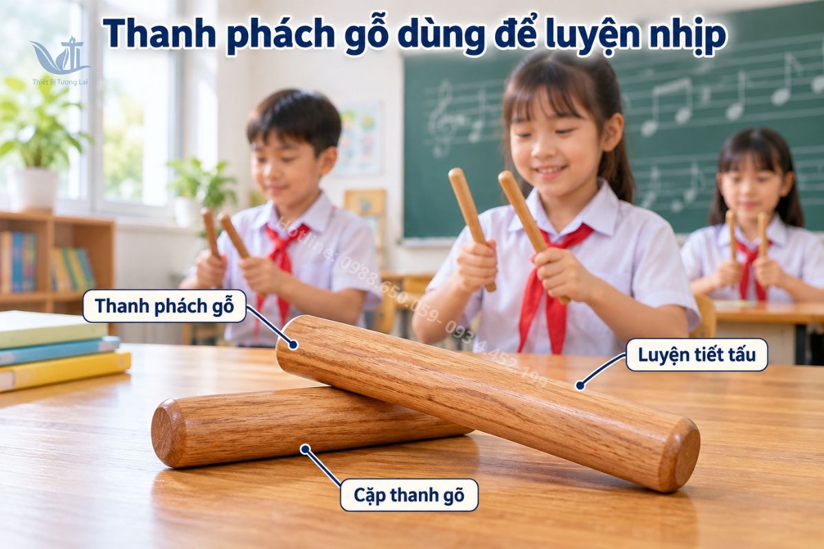 Cận cảnh một cặp thanh phách gỗ và thao tác cầm, gõ đệm trong lớp.