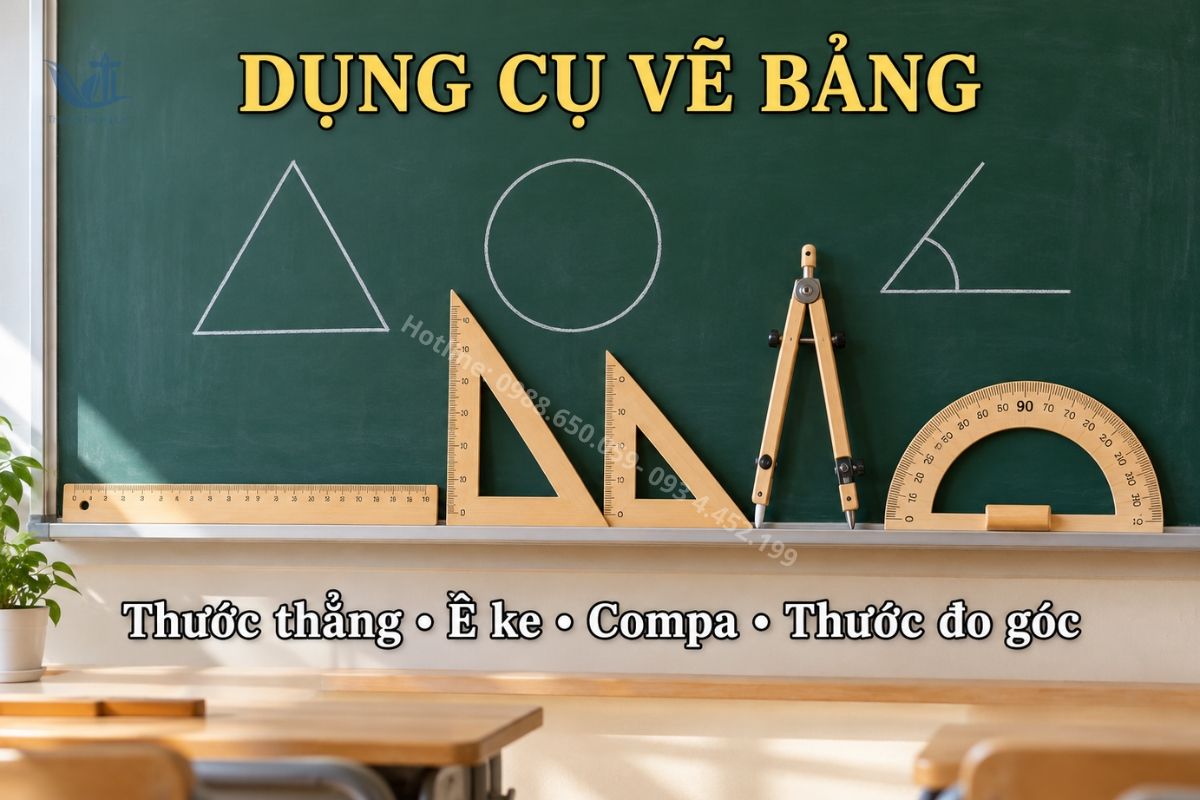 Bộ dụng cụ vẽ bảng phục vụ giảng dạy môn Toán tiểu học.