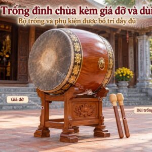 Trống đình chùa kèm giá đỡ và dùi trống