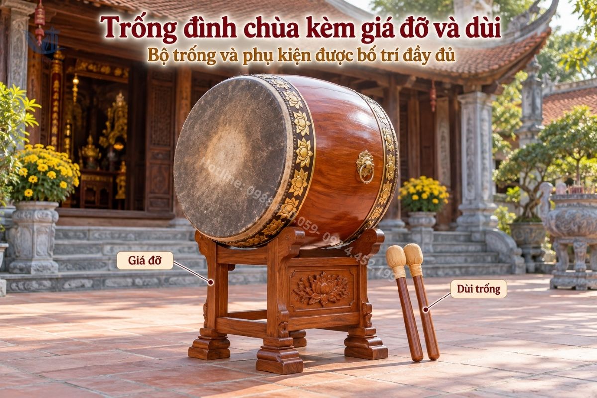 Trống đình chùa kèm giá đỡ và dùi trống