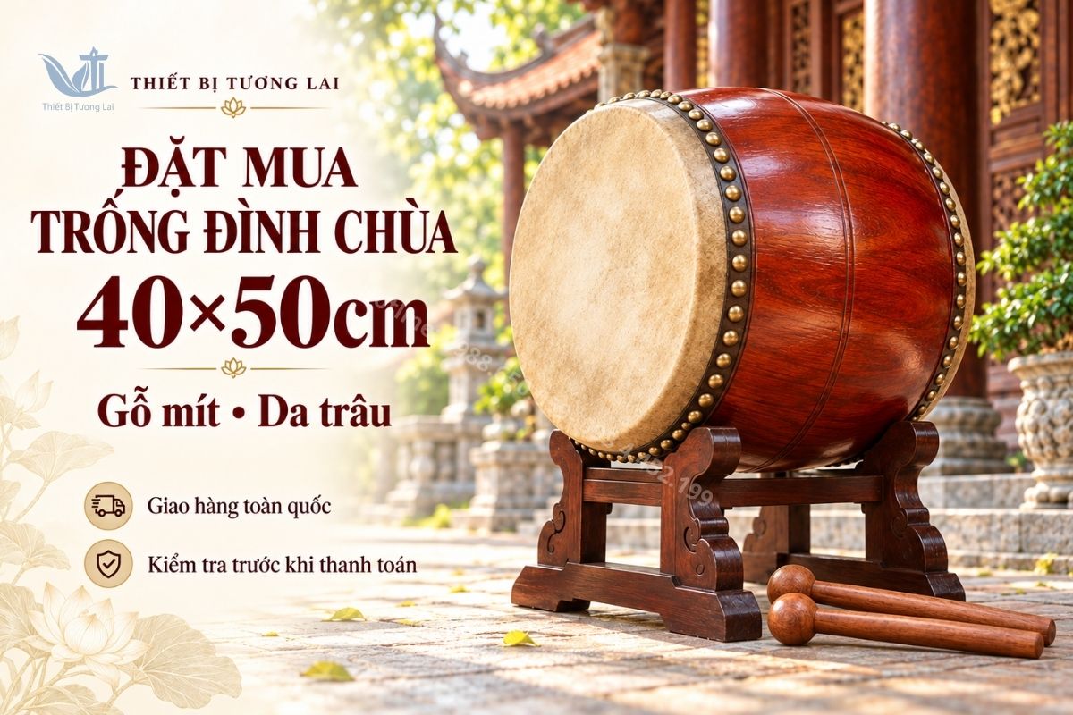 Trống Đình Chùa 40×50cm Gỗ Mít Da Trâu