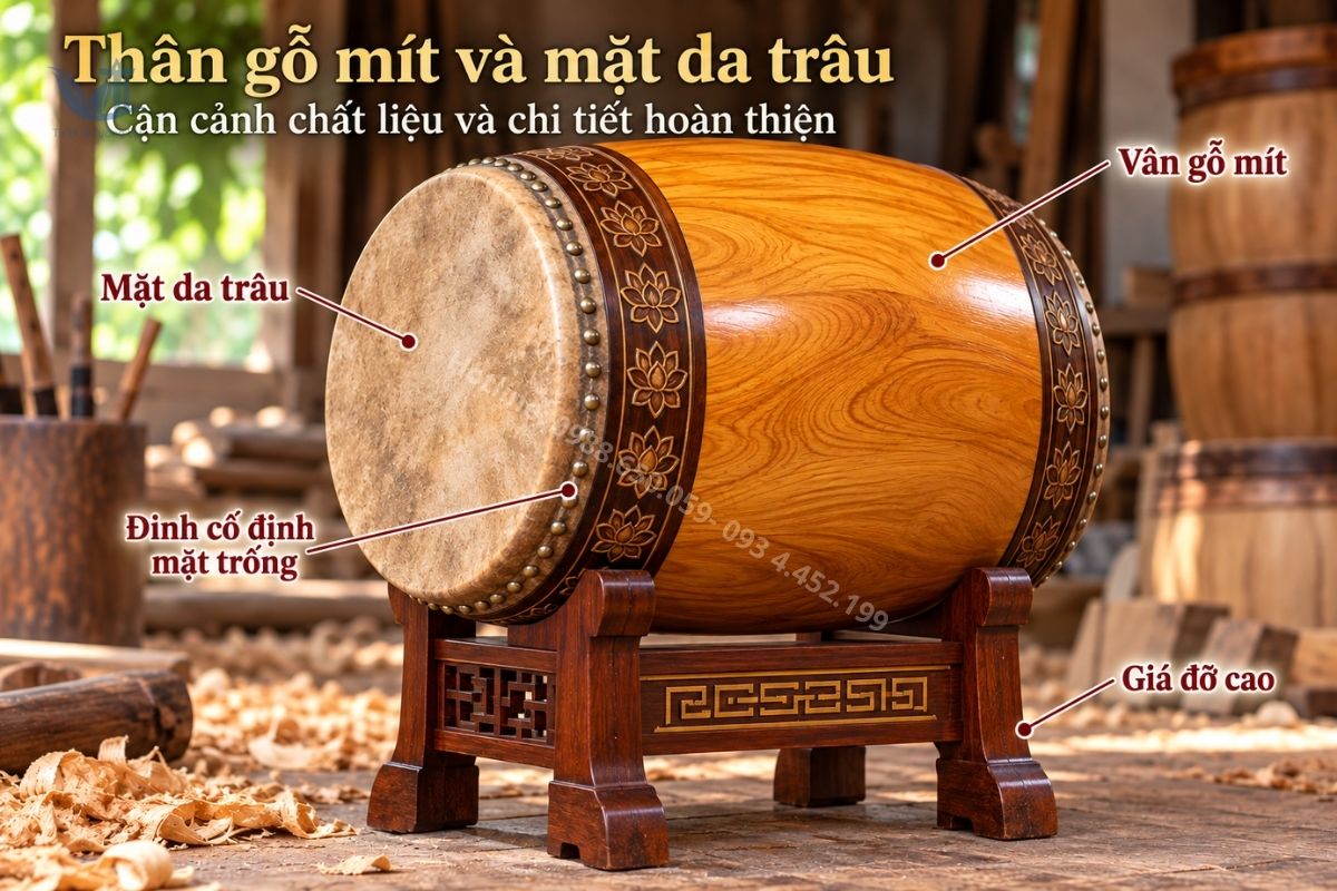 Trống Đình Chùa 40×50cm Gỗ Mít Da Trâu
