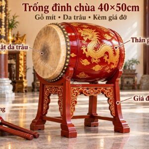 Trống đình chùa 40×50cm gỗ mít da trâu kèm giá đỡ