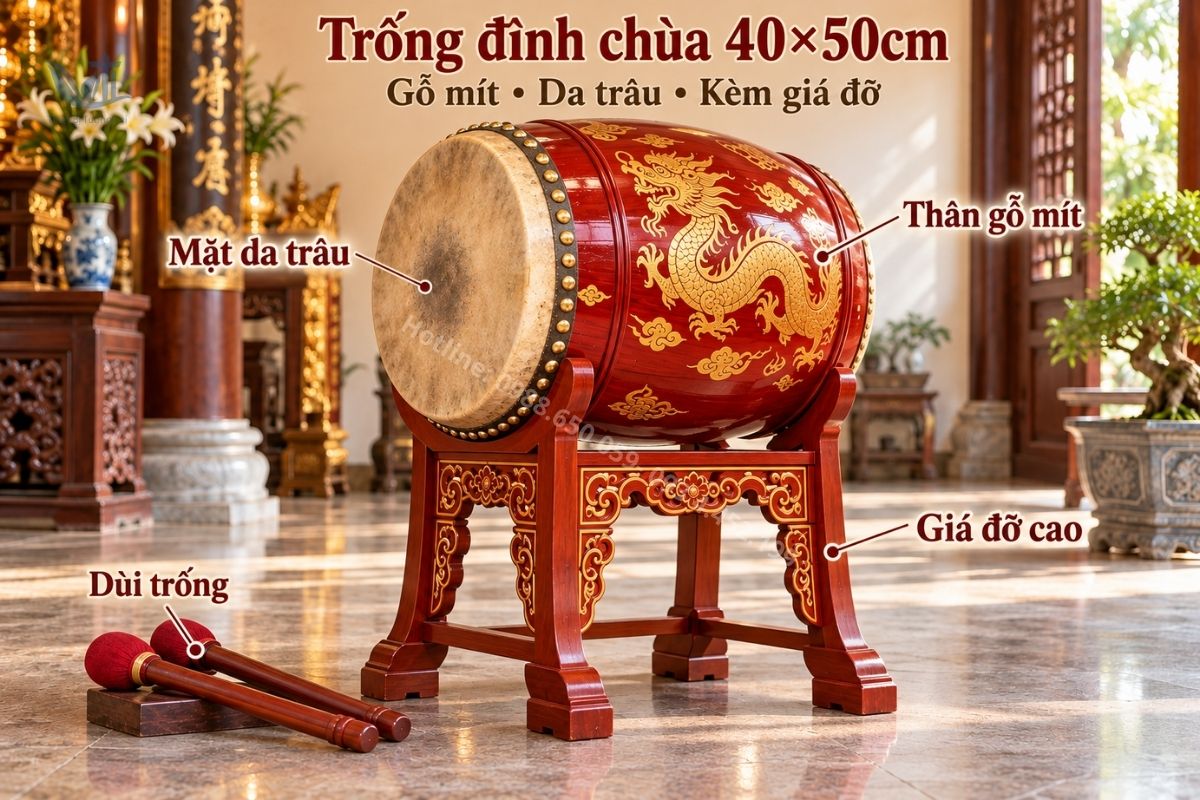 Trống đình chùa 40×50cm gỗ mít da trâu kèm giá đỡ