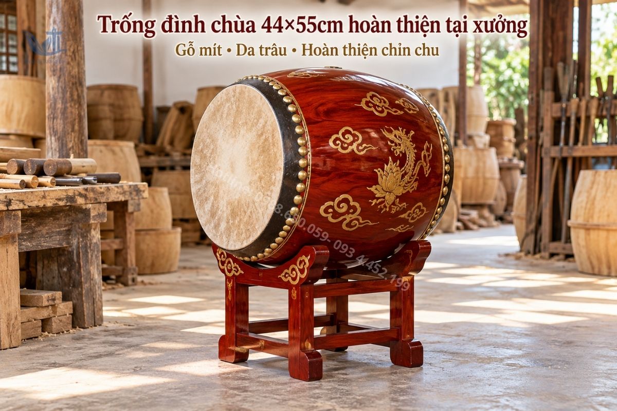 Trống đình chùa 44×55cm gỗ mít da trâu hoàn thiện tại xưởng