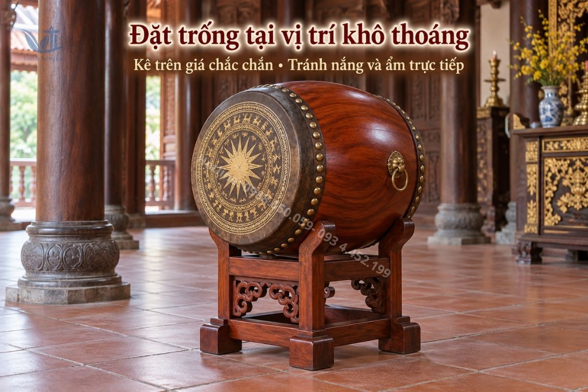 Trống đình chùa đặt trên giá tại vị trí khô thoáng