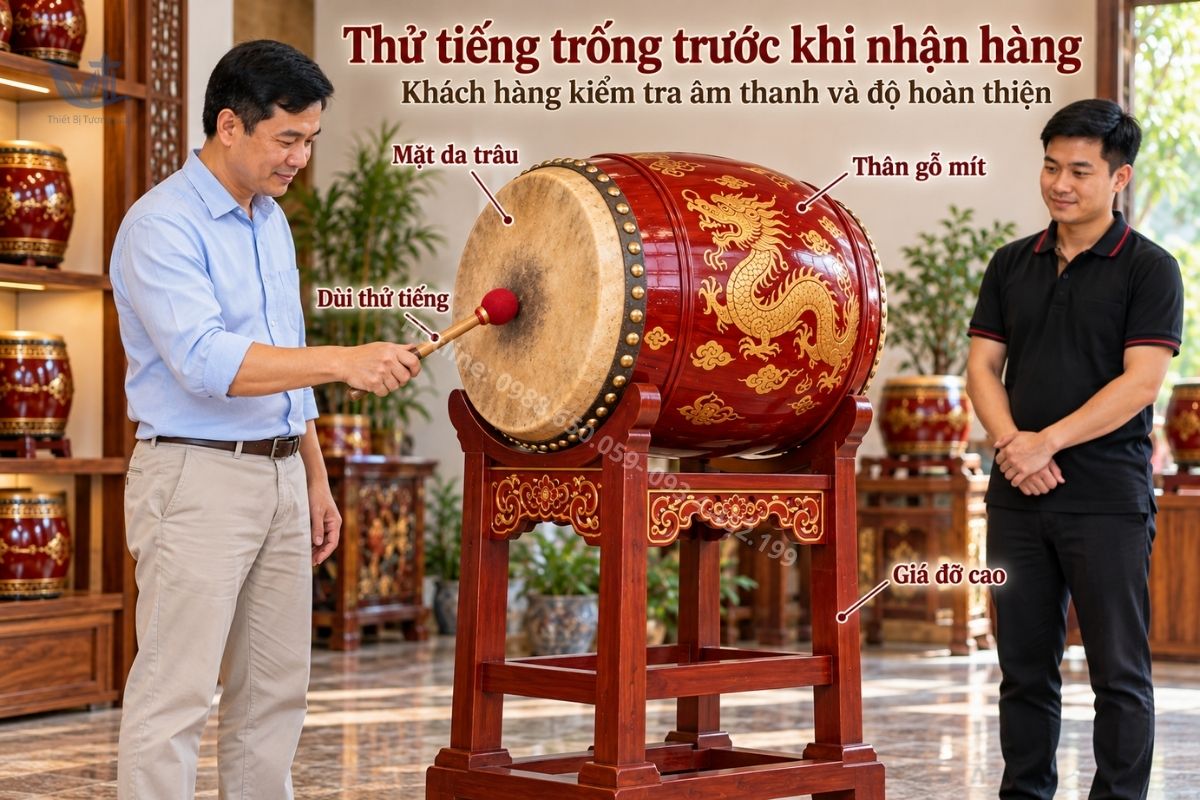 Khách hàng dùng dùi kiểm tra âm thanh trống đình chùa