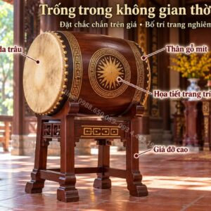 Trống đình chùa đặt trên giá trong không gian thờ tự