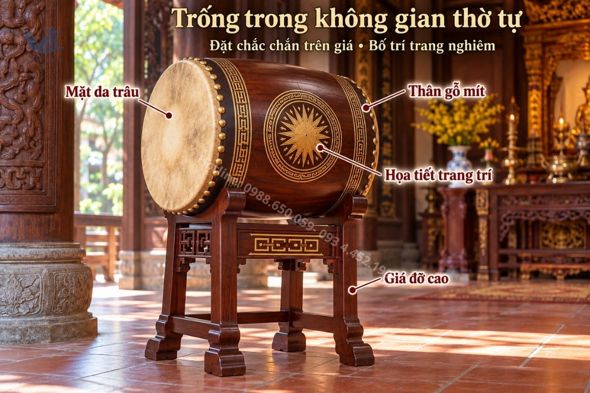 Trống đình chùa đặt trên giá trong không gian thờ tự