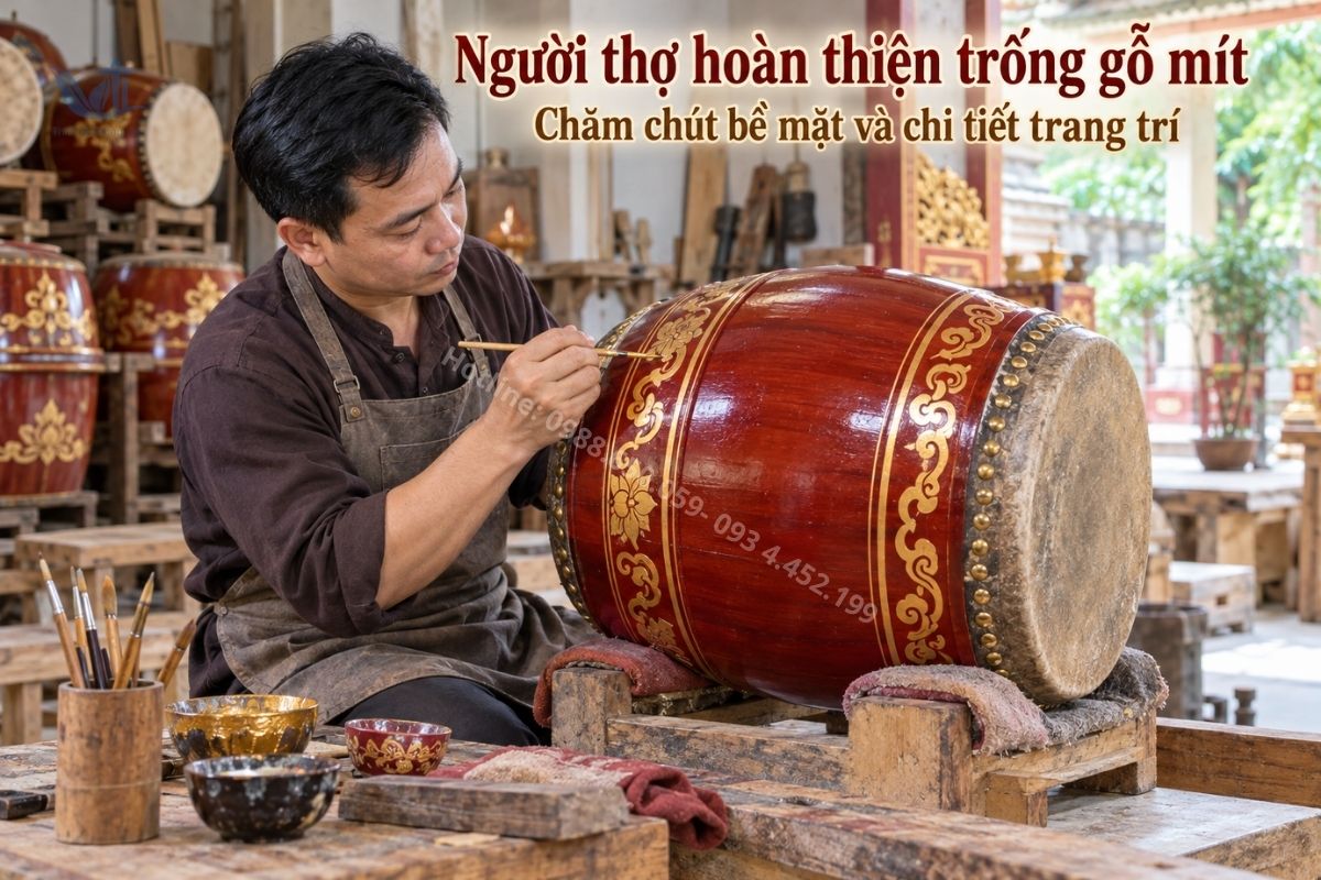 Trống đình chùa kèm giá đỡ và dùi trống