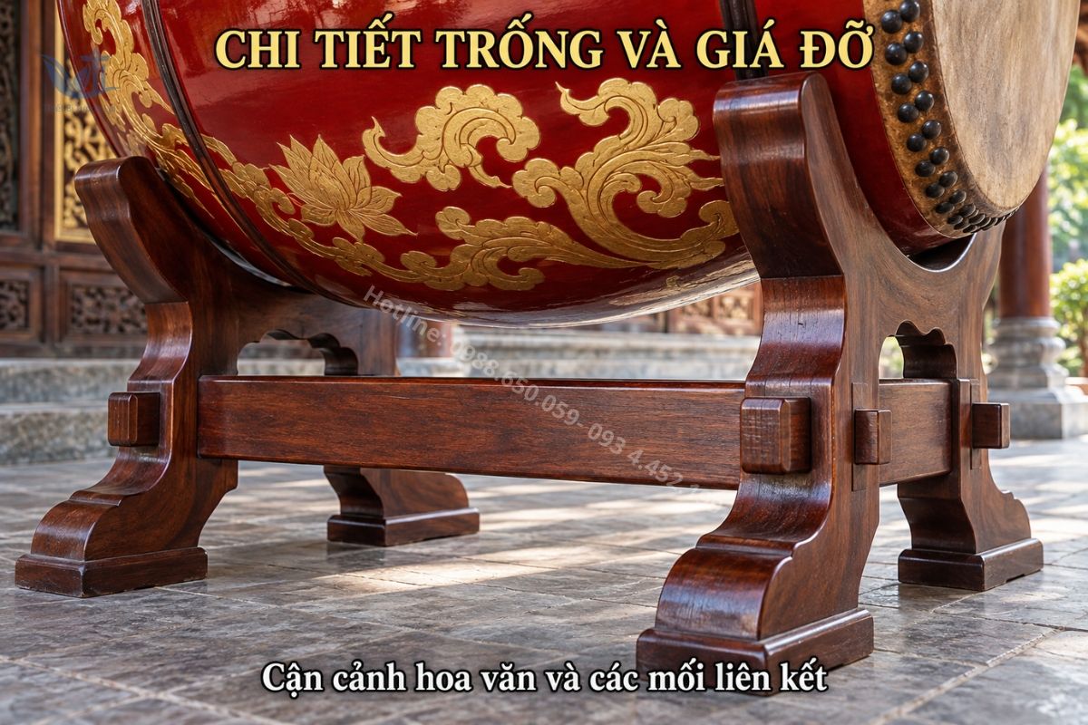 Trống đình chùa mặt 1 mét đặt trên giá đỡ chắc chắn