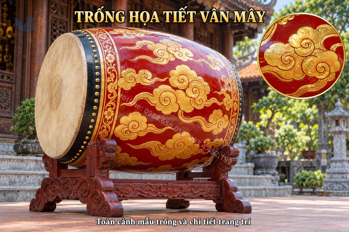 Trống đình chùa vẽ rồng vàng trên thân trống