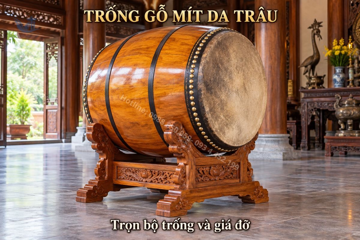 •Trống gỗ mít da trâu đặt trên giá đỡ trong không gian thờ tự